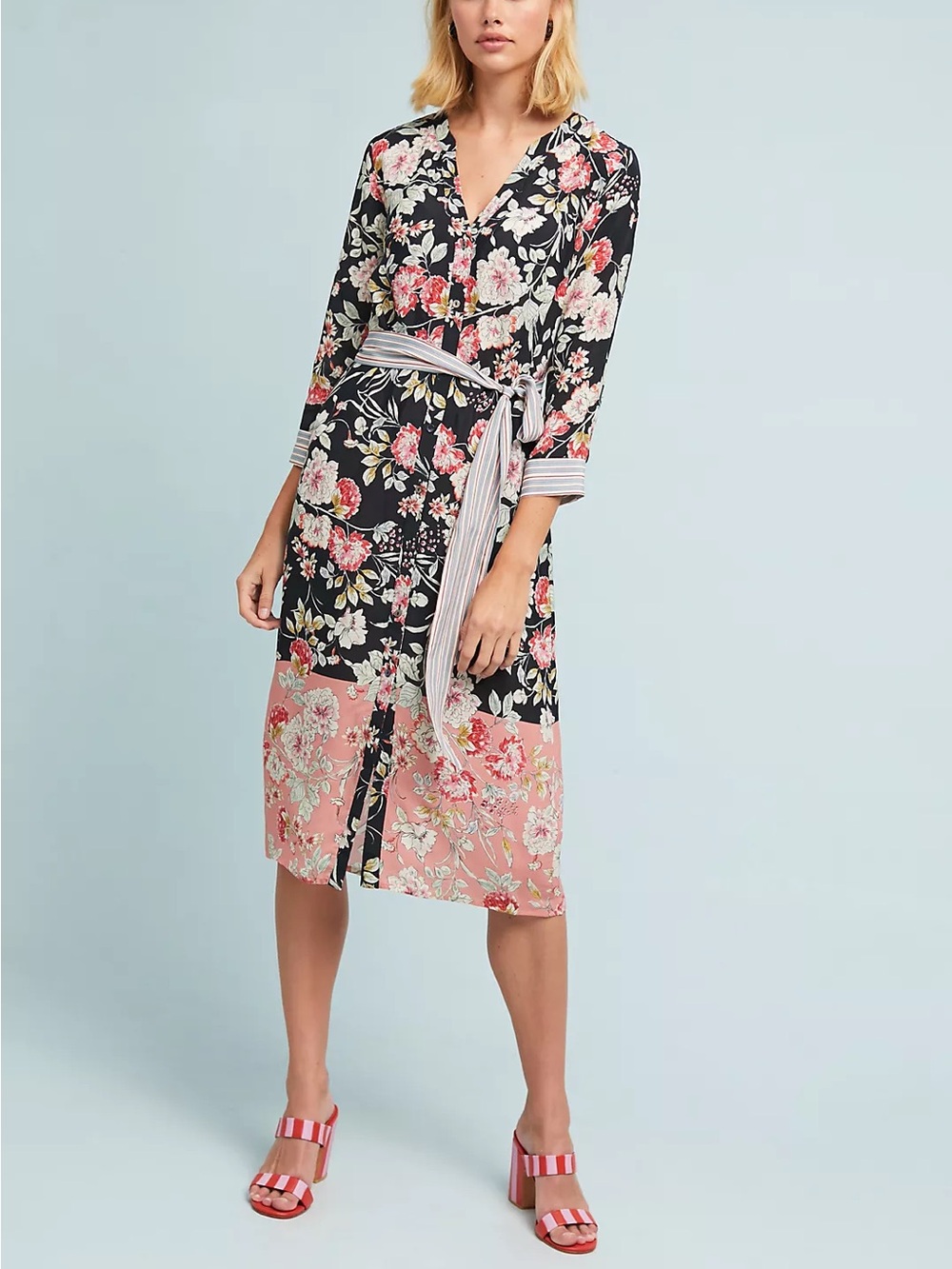 Anthropologie Kachel Melody Silk Shirt Dress Colorful Mixed Floral Stripe Sz 4